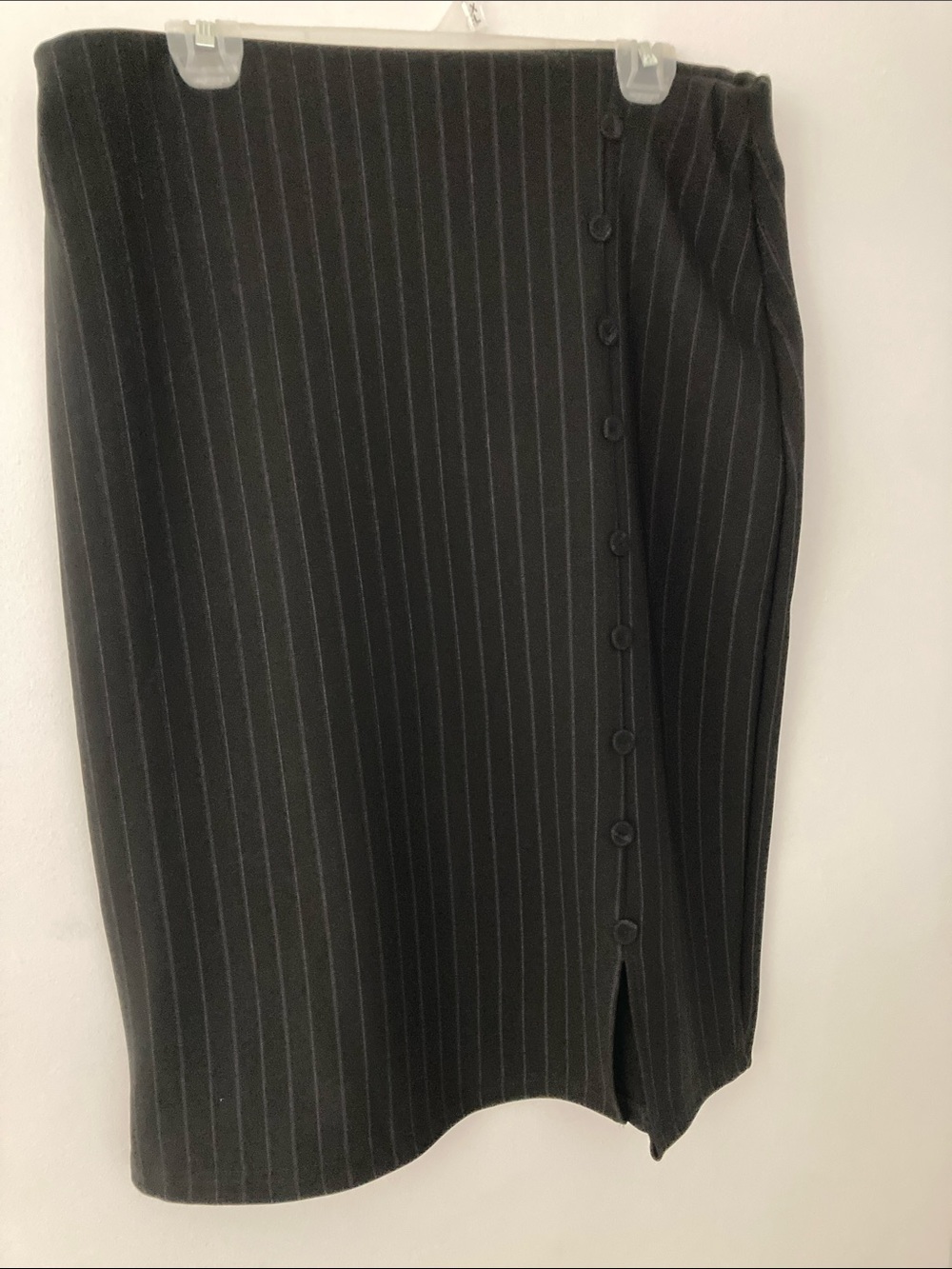 Black Pinstripe Button-Detail Pencil Skirt